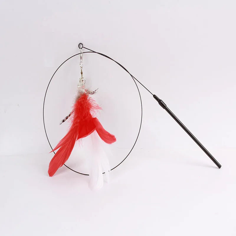 Colorful Feather Cat Teaser Wand with Bell and Suction Cup, Interactive Kitten Toy