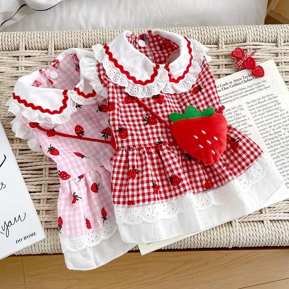 Strawberry Plaid Dog Dress – Cute Summer Outfit for Small & Medium Dogs and Cats