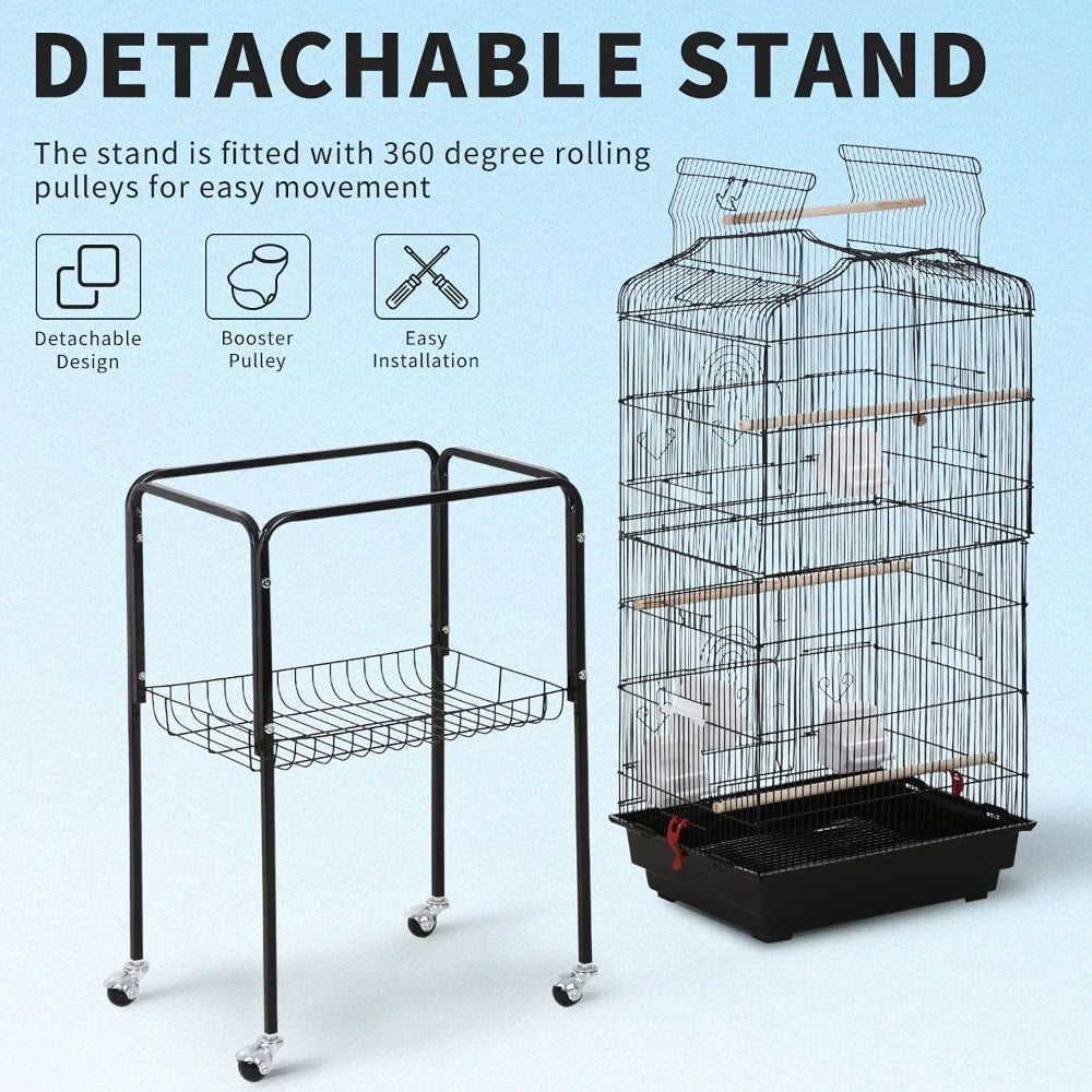 Open Top Bird Cage with Detachable Rolling Stand for Parrots