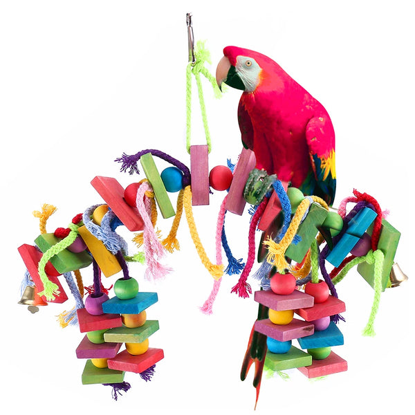 Multicolored Parrot Chew Toy with Wooden Blocks & Cotton Rope Swing