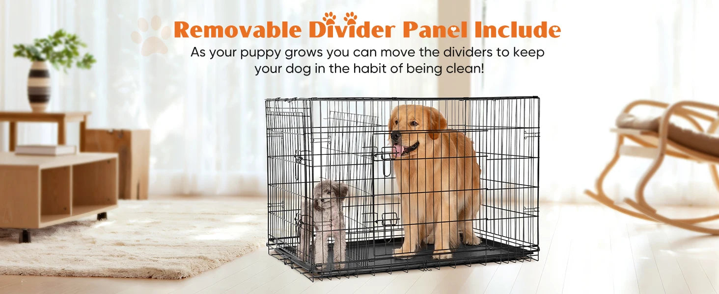 Double Door Folding Metal Wire Dog Cage with Leak-Proof Plastic Pan