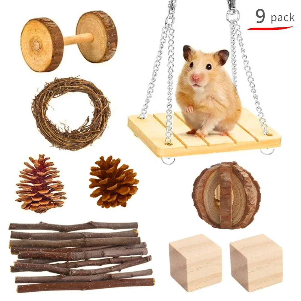 Wooden Toy Set for Hamsters, Rabbits, Guinea Pigs, and Small Pets