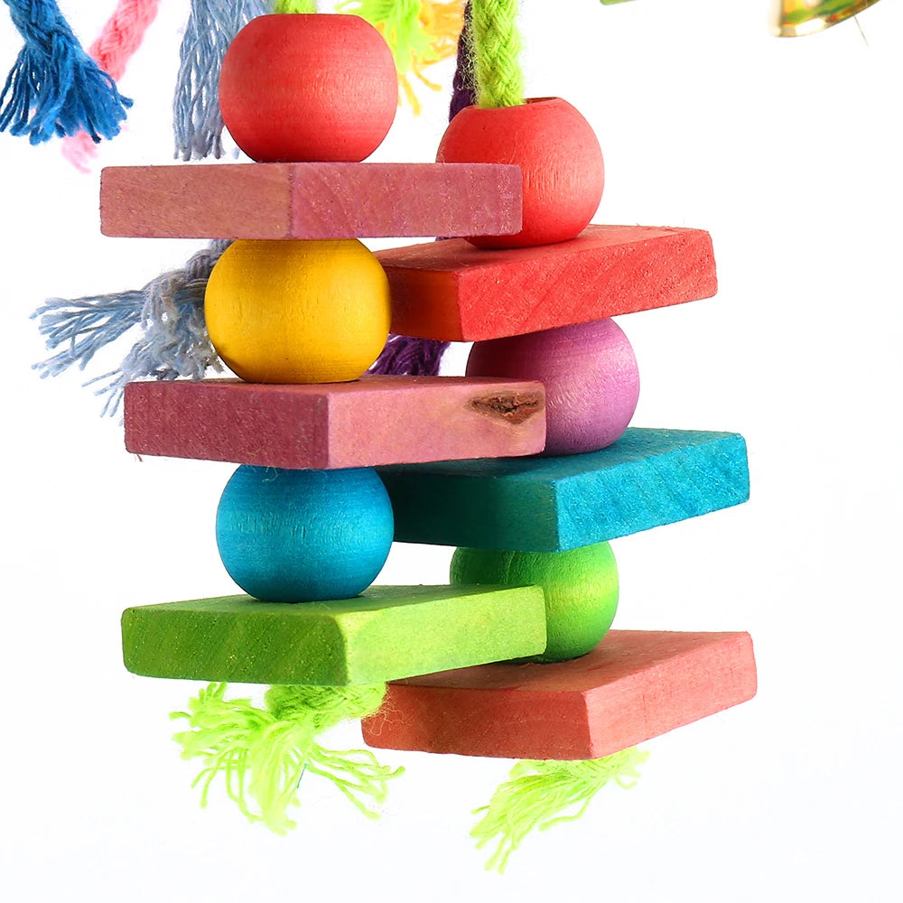 Multicolored Parrot Chew Toy with Wooden Blocks & Cotton Rope Swing