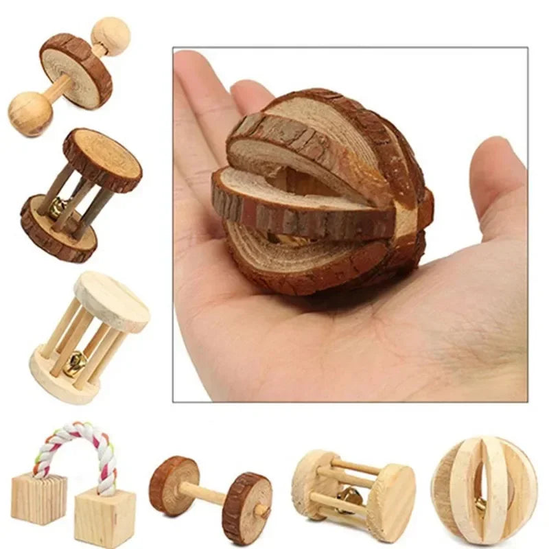 Natural Wooden Rabbit Roller & Chew Toys for Small Pets