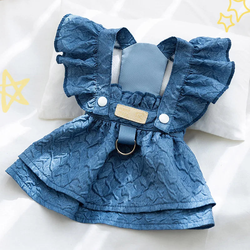 Denim Dog Dress with Leash Ring, Summer Outfit for Small Dogs & Cats