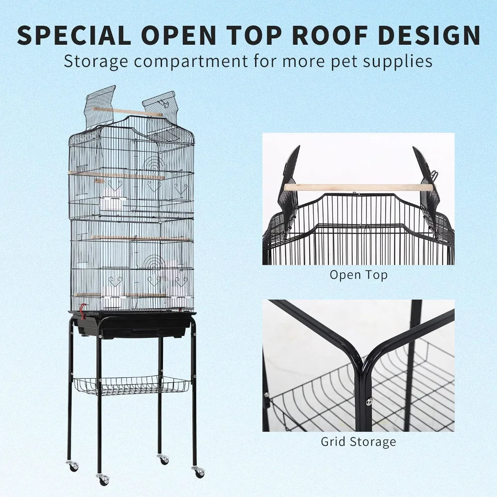 Open Top Bird Cage with Detachable Rolling Stand for Parrots