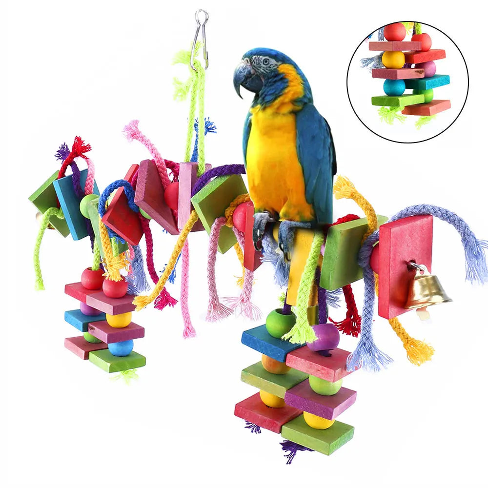 Multicolored Parrot Chew Toy with Wooden Blocks & Cotton Rope Swing