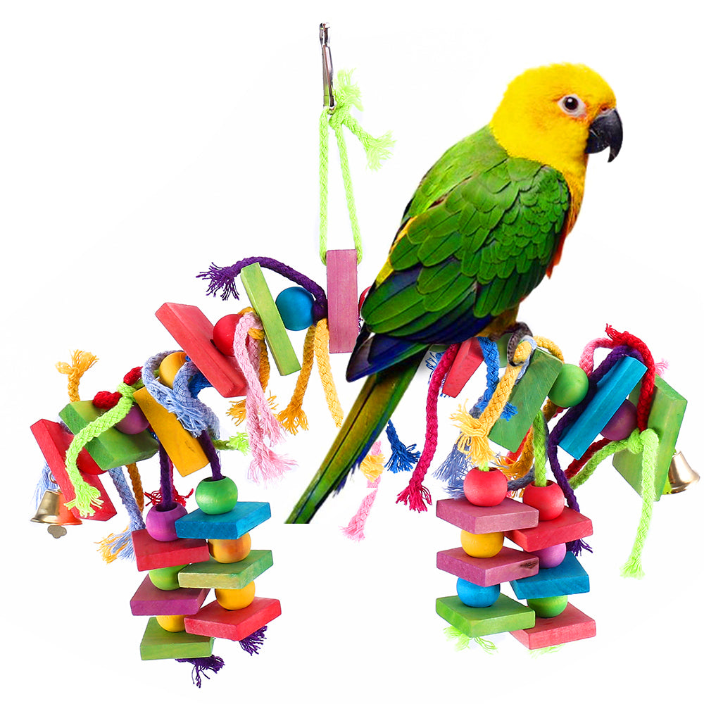 Multicolored Parrot Chew Toy with Wooden Blocks & Cotton Rope Swing