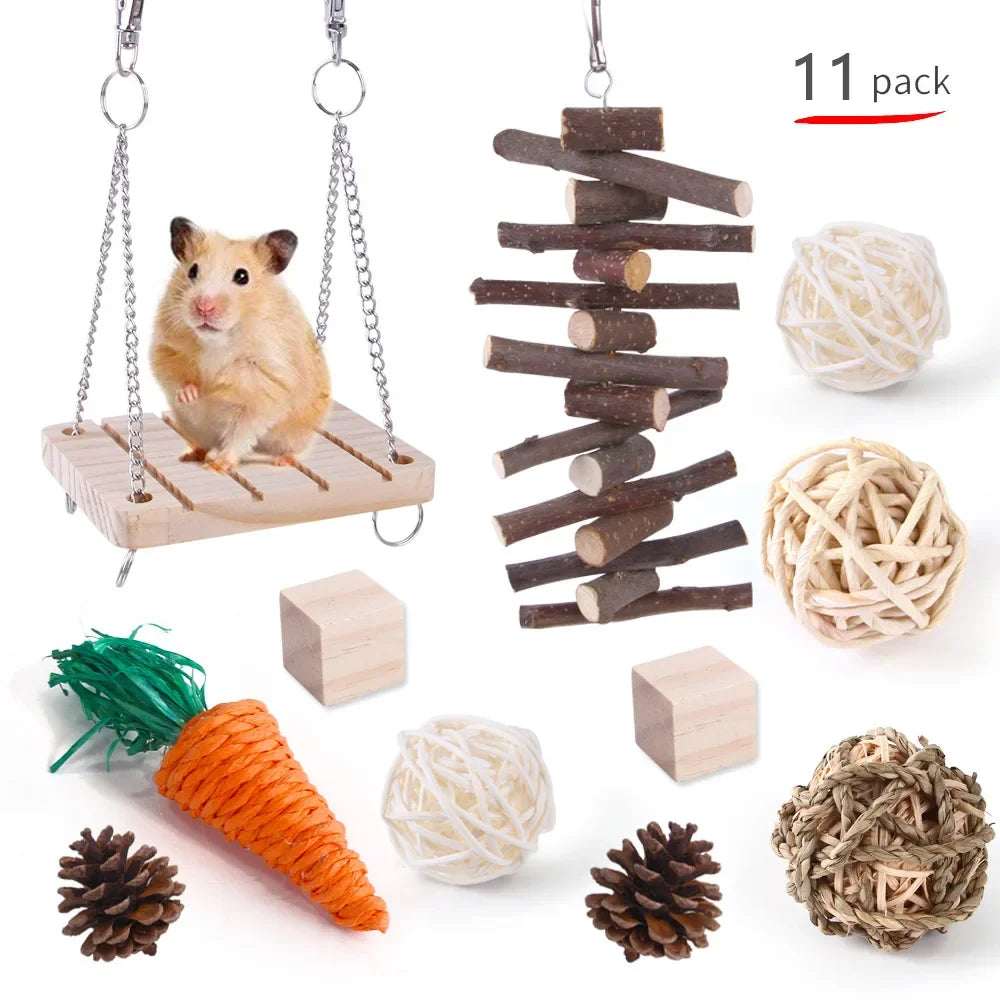 Wooden Toy Set for Hamsters, Rabbits, Guinea Pigs, and Small Pets