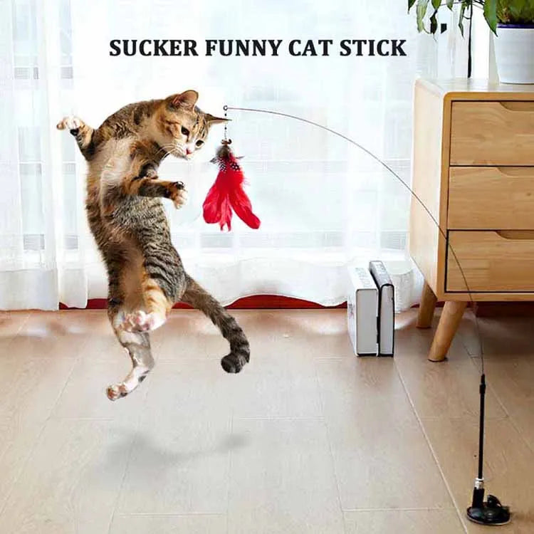 Colorful Feather Cat Teaser Wand with Bell and Suction Cup, Interactive Kitten Toy