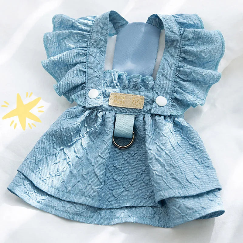 Denim Dog Dress with Leash Ring, Summer Outfit for Small Dogs & Cats
