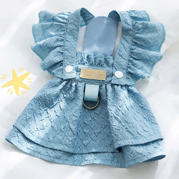 Denim Dog Dress with Leash Ring, Summer Outfit for Small Dogs & Cats