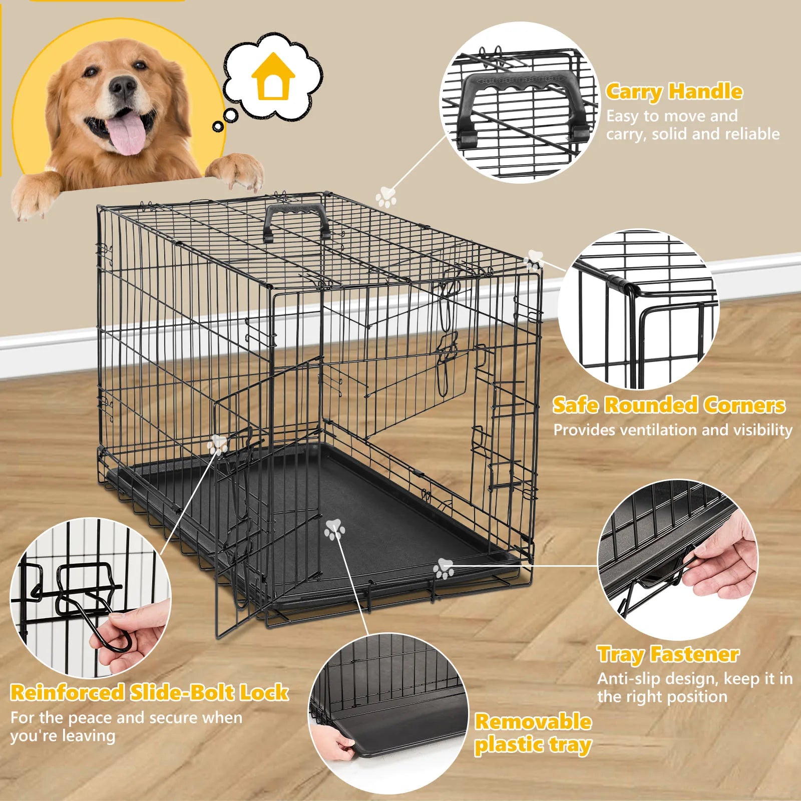 Double Door Folding Metal Wire Dog Cage with Leak-Proof Plastic Pan