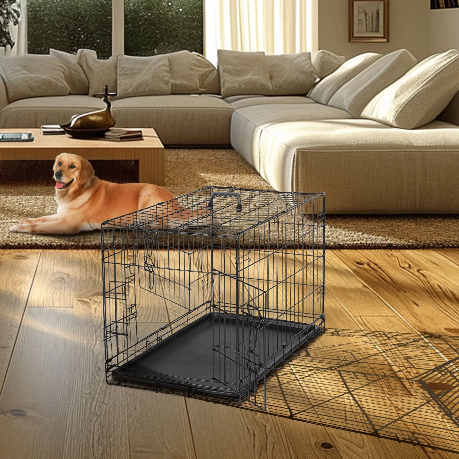 Double Door Folding Metal Wire Dog Cage with Leak-Proof Plastic Pan