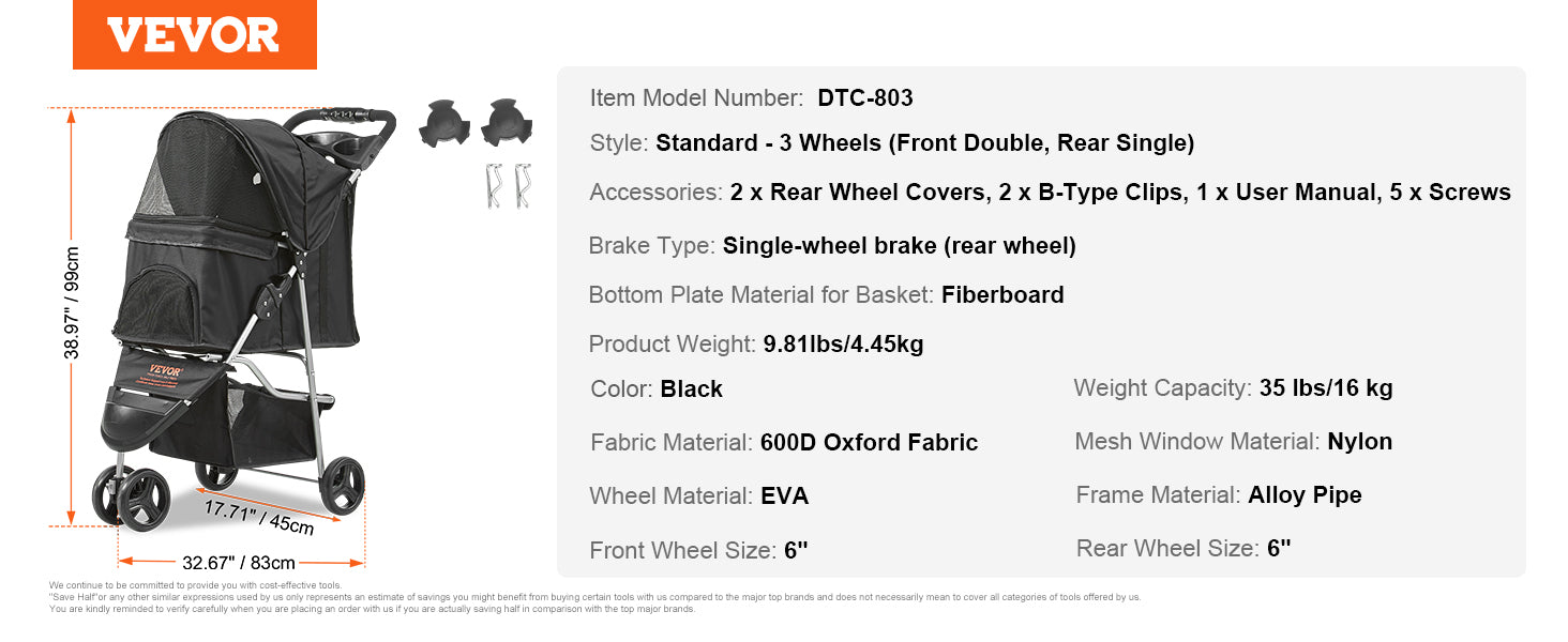 VEVOR Lightweight Pet Stroller, Foldable Carrier for Dogs & Cats with Brakes and Cup Holder