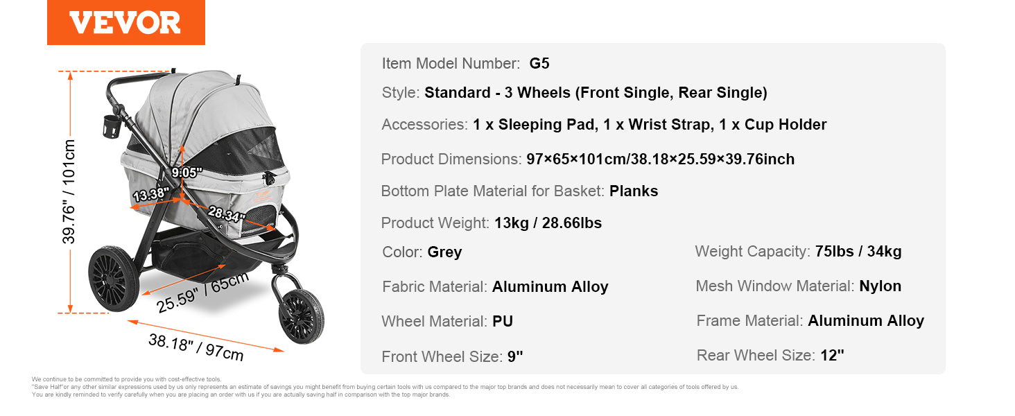 VEVOR Lightweight Pet Stroller, Foldable Carrier for Dogs & Cats with Brakes and Cup Holder