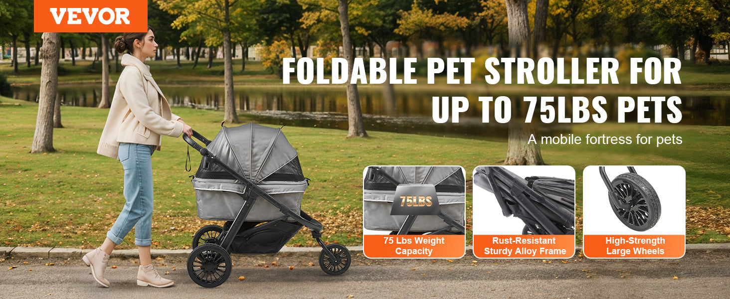 VEVOR Lightweight Pet Stroller, Foldable Carrier for Dogs & Cats with Brakes and Cup Holder